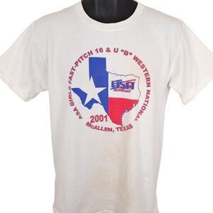 Vintage Softball Fast Pitch T Shirt Mens Size Medium White Y2K 2001 McAllen TX